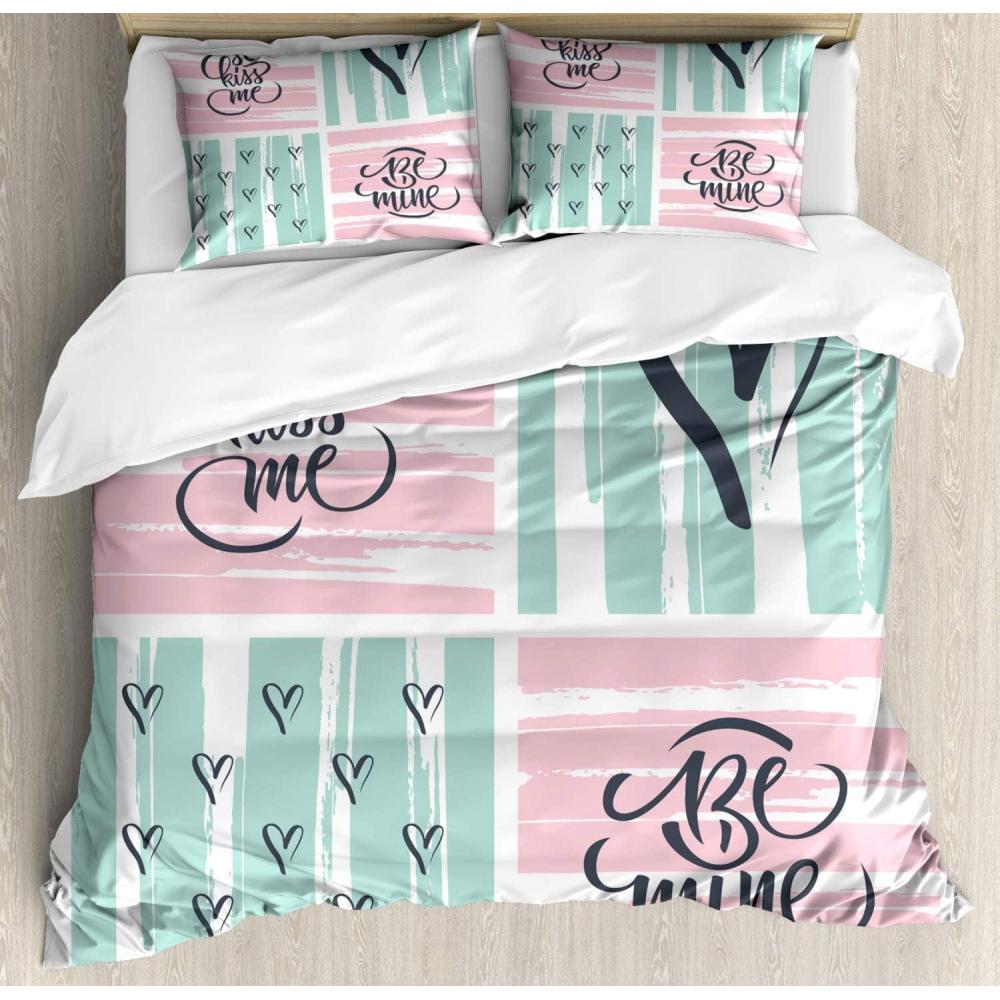 imageAmbesonne Love Duvet Cover Set Valentines Day Words and Hearts on Grunge Stripes Backdrop Decorative 3 Piece Bedding Set with 2 Pillow Shams Queen Size Charcoal Grey Pale PinkCharcoal Grey Pale Pink
