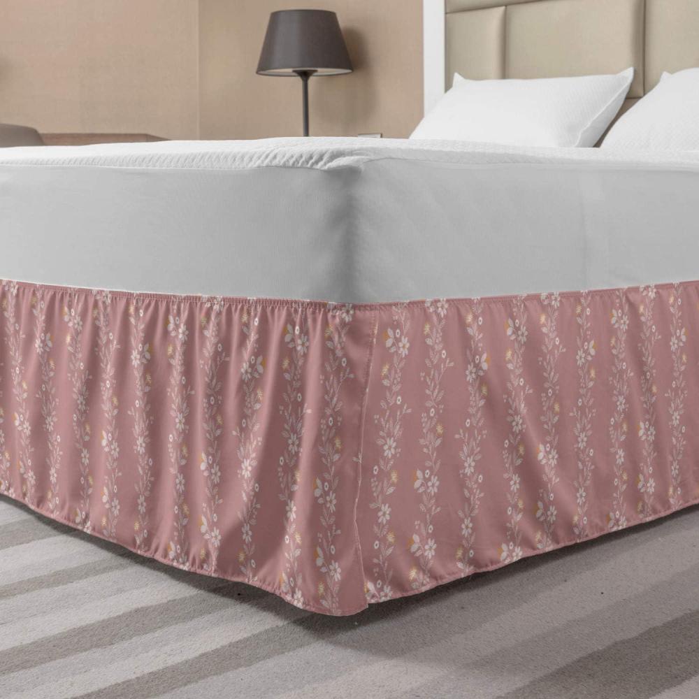 imageAmbesonne Neutral Color Elastic Bed Skirt Retro Swirly Flowering Branch Curly Blossom Leaves Ornamental Motif Wrap Around Fabric Bedskirt Dust Ruffle for Bedroom King Pale Pink and Rose