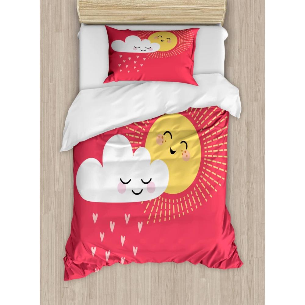 imageAmbesonne Rain Duvet Cover Sets Valentines Day Theme Cloud and Sun Pattern with Heart Shaped Rays Bedding Set with 2 Duvet Covers amp 4 Pillowcases 2 Pack Queen Size Dark Coral MustardDark Coral Mustard