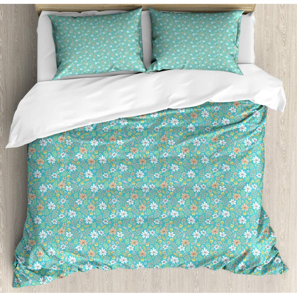imageAmbesonne Valentines Day Duvet Cover Set Romantic Love Design of Continuous Heart Shapes Passionate Vibes Decorative 3 Piece Bedding Set with 2 Pillow Shams Queen Size Rose Pale Pink WhiteTurquoise Peach