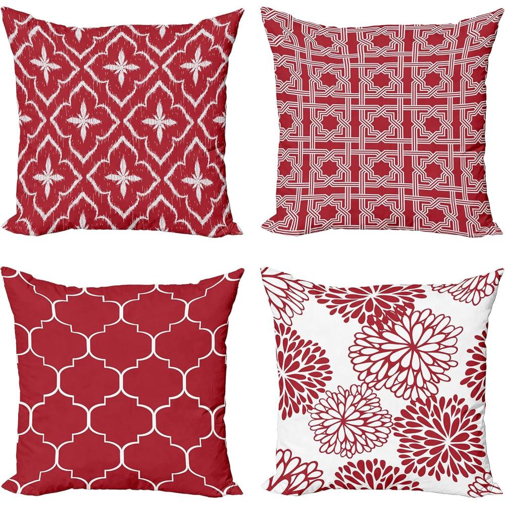 imageAmbesonne Vintage Throw Pillow Cushion Case Pack of 4 Monochrome Design Grid Trellis Quatrefoil Mesh and Dahlia Flowers Modern Print Modern Accent DoubleSided Digital Printing 16 Ruby and White