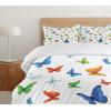 Ambesonne Birds Duvet Cover Sets, Pattern with Flying Birds Carrying Heart Branches Love Valentines Day Inspired Print, Bedding Set with 2 Duvet Covers & 4 Pillowcases, 2 Pack Queen Size, Multicolor(Green Blue Orange)