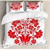 Ambesonne Damask Grey Duvet Cover Set, Simple Pattern with Curls and Dots in Neutral Design Print, Decorative 3 Piece Bedding Set with 2 Pillow Shams, Queen Size, Pale Grey and White(Red White)