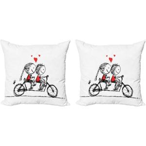 Ambesonne Bicycle Throw Pillow Cushion Cover Pack of 2, Love Couple Cycling Together Soul Mates Valentines Sketchy Print, Zippered Double-Side Digital Print Decor, 18″, Black White Scarlet(18″ x 18″ (Pack of 2))