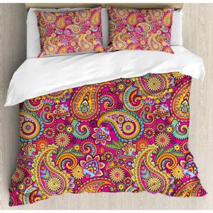 Ambesonne Birds Duvet Cover Sets, Pattern with Flying Birds Carrying Heart Branches Love Valentines Day Inspired Print, Bedding Set with 2 Duvet Covers & 4 Pillowcases, 2 Pack Queen Size, Multicolor(Magenta Orange)