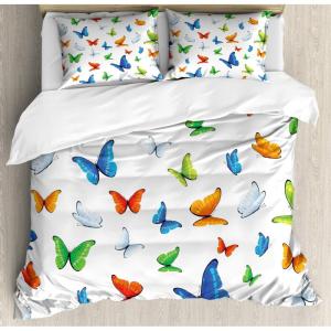 Ambesonne Birds Duvet Cover Sets, Pattern with Flying Birds Carrying Heart Branches Love Valentines Day Inspired Print, Bedding Set with 2 Duvet Covers & 4 Pillowcases, 2 Pack Queen Size, Multicolor(Green Blue Orange)