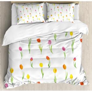 Ambesonne Birds Duvet Cover Sets, Pattern with Flying Birds Carrying Heart Branches Love Valentines Day Inspired Print, Bedding Set with 2 Duvet Covers & 4 Pillowcases, 2 Pack Queen Size, Multicolor(White Green)