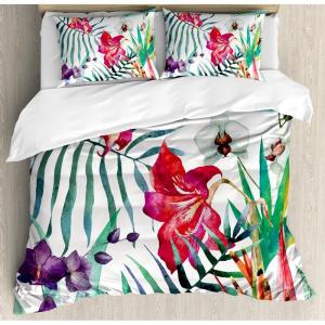 Ambesonne Birds Duvet Cover Sets, Pattern with Flying Birds Carrying Heart Branches Love Valentines Day Inspired Print, Bedding Set with 2 Duvet Covers & 4 Pillowcases, 2 Pack Queen Size, Multicolor(Teal Multicolor)