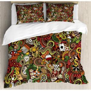 Ambesonne Birds Duvet Cover Sets, Pattern with Flying Birds Carrying Heart Branches Love Valentines Day Inspired Print, Bedding Set with 2 Duvet Covers & 4 Pillowcases, 2 Pack Queen Size, Multicolor(Green Umber)