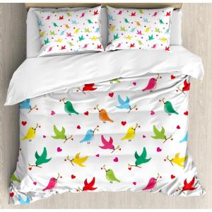 Ambesonne Birds Duvet Cover Sets, Pattern with Flying Birds Carrying Heart Branches Love Valentines Day Inspired Print, Bedding Set with 2 Duvet Covers & 4 Pillowcases, 2 Pack Queen Size, Multicolor(Green Blue Pink)