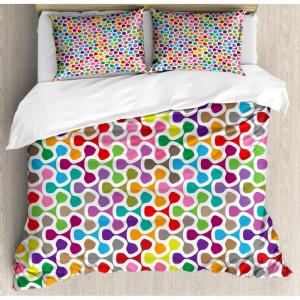 Ambesonne Birds Duvet Cover Sets, Pattern with Flying Birds Carrying Heart Branches Love Valentines Day Inspired Print, Bedding Set with 2 Duvet Covers & 4 Pillowcases, 2 Pack Queen Size, Multicolor(Violet Multicolor)