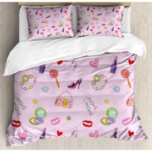 Ambesonne Birds Duvet Cover Sets, Pattern with Flying Birds Carrying Heart Branches Love Valentines Day Inspired Print, Bedding Set with 2 Duvet Covers & 4 Pillowcases, 2 Pack Queen Size, Multicolor(Baby Pink Multicolor)