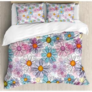 Ambesonne Birds Duvet Cover Sets, Pattern with Flying Birds Carrying Heart Branches Love Valentines Day Inspired Print, Bedding Set with 2 Duvet Covers & 4 Pillowcases, 2 Pack Queen Size, Multicolor(Pink Lilac Blue)