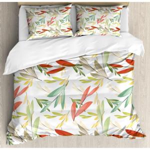 Ambesonne Birds Duvet Cover Sets, Pattern with Flying Birds Carrying Heart Branches Love Valentines Day Inspired Print, Bedding Set with 2 Duvet Covers & 4 Pillowcases, 2 Pack Queen Size, Multicolor(Salmon Green)