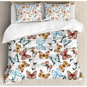 Ambesonne Birds Duvet Cover Sets, Pattern with Flying Birds Carrying Heart Branches Love Valentines Day Inspired Print, Bedding Set with 2 Duvet Covers & 4 Pillowcases, 2 Pack Queen Size, Multicolor(Blue Amber)