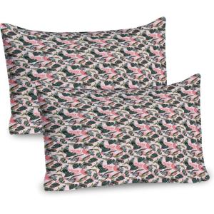 Ambesonne Birds Pillow Sham Set of 2, 2 Birds on a Branch Singing Love Songs Friend Valentine Couple Hope Living, Quality Microfiber Bedding Item for All Seasons, 30″ x 20″, Cream Black White(Pale Pink and Dark Green)