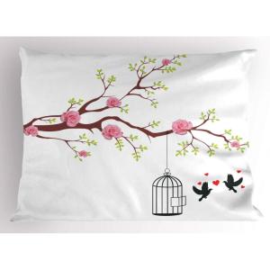Ambesonne Birds Pillow Sham Set of 2, 2 Birds on a Branch Singing Love Songs Friend Valentine Couple Hope Living, Quality Microfiber Bedding Item for All Seasons, 30″ x 20″, Cream Black White(Pink Brown White)