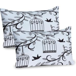 Ambesonne Birds Pillow Sham Set of 2, 2 Birds on a Branch Singing Love Songs Friend Valentine Couple Hope Living, Quality Microfiber Bedding Item for All Seasons, 30″ x 20″, Cream Black White(Blue Black)