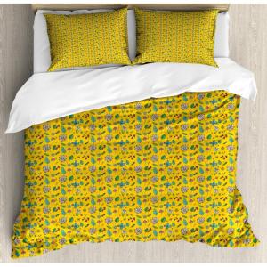 Ambesonne Cactus Print Duvet Cover Sets, Outline Drawing of Hearts and Pots Drawn by Hand Valentine’s Day Theme, Bedding Set with 2 Duvet Covers & 4 Pillowcases, 2 Pack Queen Size, Magenta and White(Earth Yellow Multicolor)