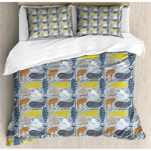 Ambesonne Damask Grey Duvet Cover Set, Simple Pattern with Curls and Dots in Neutral Design Print, Decorative 3 Piece Bedding Set with 2 Pillow Shams, Queen Size, Pale Grey and White(Pale Blue Multicolor)