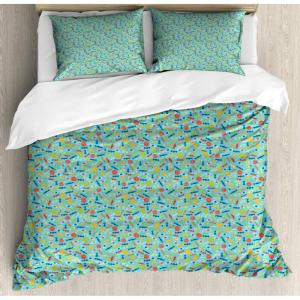 Ambesonne Damask Grey Duvet Cover Set, Simple Pattern with Curls and Dots in Neutral Design Print, Decorative 3 Piece Bedding Set with 2 Pillow Shams, Queen Size, Pale Grey and White(Sky Blue Multicolor)
