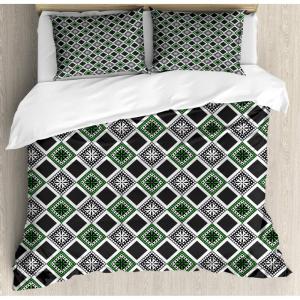 Ambesonne Damask Grey Duvet Cover Set, Simple Pattern with Curls and Dots in Neutral Design Print, Decorative 3 Piece Bedding Set with 2 Pillow Shams, Queen Size, Pale Grey and White(Green White)