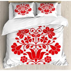Ambesonne Damask Grey Duvet Cover Set, Simple Pattern with Curls and Dots in Neutral Design Print, Decorative 3 Piece Bedding Set with 2 Pillow Shams, Queen Size, Pale Grey and White(Red White)