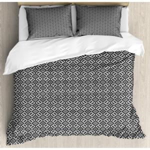 Ambesonne Damask Grey Duvet Cover Set, Simple Pattern with Curls and Dots in Neutral Design Print, Decorative 3 Piece Bedding Set with 2 Pillow Shams, Queen Size, Pale Grey and White(Dark Grey)