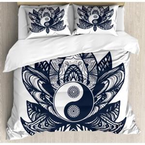 Ambesonne Damask Grey Duvet Cover Set, Simple Pattern with Curls and Dots in Neutral Design Print, Decorative 3 Piece Bedding Set with 2 Pillow Shams, Queen Size, Pale Grey and White(Dark Blue White)