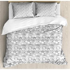 Ambesonne Damask Grey Duvet Cover Set, Simple Pattern with Curls and Dots in Neutral Design Print, Decorative 3 Piece Bedding Set with 2 Pillow Shams, Queen Size, Pale Grey and White(Pale Grey White)