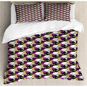 Ambesonne Damask Grey Duvet Cover Set, Simple Pattern with Curls and Dots in Neutral Design Print, Decorative 3 Piece Bedding Set with 2 Pillow Shams, Queen Size, Pale Grey and White(Dark Purple Multicolor)