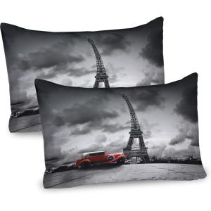 Ambesonne Eiffel Tower Pillow Sham Set of 2, Autumn Romantic Paris Historical Valentine’s Day Umbrellas Doodle, Quality Microfiber Bedding Item for All Seasons, 26″ x 20″, Lilac Red Pale Blue(Grey Black Red)