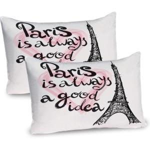Ambesonne Eiffel Tower Pillow Sham Set of 2, Autumn Romantic Paris Historical Valentine’s Day Umbrellas Doodle, Quality Microfiber Bedding Item for All Seasons, 26″ x 20″, Lilac Red Pale Blue(Cream Pink Black)