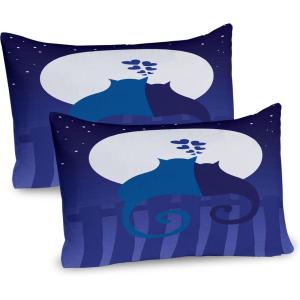 Ambesonne Fence Pillow Sham Set of 2, Cats in Love Watching Full Moon at Night Valentines Romantic Cartoon, Quality Microfiber Bedding Item for All Seasons, 26″ x 20″, Indigo Cobalt Blue White(Indigo Cobalt Blue White)