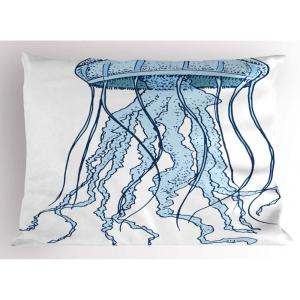 Ambesonne Fence Pillow Sham Set of 2, Cats in Love Watching Full Moon at Night Valentines Romantic Cartoon, Quality Microfiber Bedding Item for All Seasons, 26″ x 20″, Indigo Cobalt Blue White(Pale Blue Sea Blue)