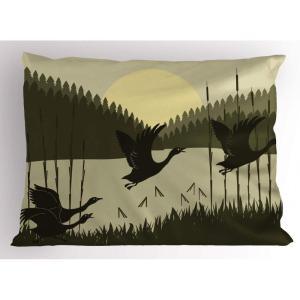 Ambesonne Fence Pillow Sham Set of 2, Cats in Love Watching Full Moon at Night Valentines Romantic Cartoon, Quality Microfiber Bedding Item for All Seasons, 26″ x 20″, Indigo Cobalt Blue White(Army Green Sage Green)