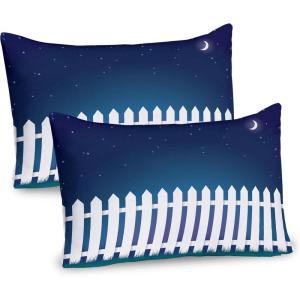 Ambesonne Fence Pillow Sham Set of 2, Cats in Love Watching Full Moon at Night Valentines Romantic Cartoon, Quality Microfiber Bedding Item for All Seasons, 26″ x 20″, Indigo Cobalt Blue White(Petrol Blue Indigo White)
