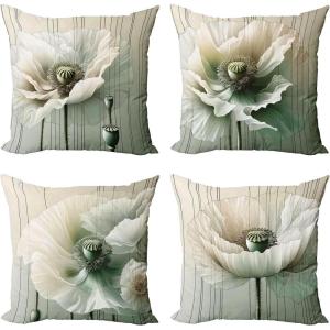 Ambesonne Flower Throw Pillow Cushion Cover, Retro Romantic Rose Petal with Rain Water Drops Valentines Love Picture, Decorative Square Accent Pillow Case, 18″ X 18″, White and Black(Eggshell and Reseda Green)