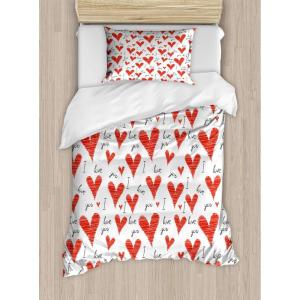 Ambesonne Love Duvet Cover Sets, Hand Written I Love You Phrases Heart Valentines Day Inspiration, Bedding Set with 2 Duvet Covers & 4 Pillowcases, 2 Pack Queen Size, Vermilion Black White(Vermilion Black White)