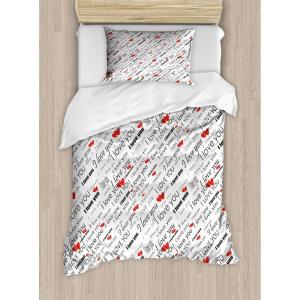 Ambesonne Love Duvet Cover Sets, Hand Written I Love You Phrases Heart Valentines Day Inspiration, Bedding Set with 2 Duvet Covers & 4 Pillowcases, 2 Pack Queen Size, Vermilion Black White(Red White Black)