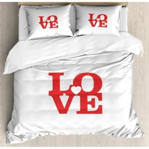 Ambesonne Love Duvet Cover Sets, Valentines Day Design Romance Themed Vintage Wedding Inspirations Typographic Retro, Bedding Set with 2 Duvet Covers & 4 Pillowcases, 2 Pack Queen Size, Red White(Red White)