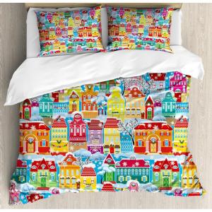 Ambesonne Love Duvet Cover Sets, Valentines Day Design Romance Themed Vintage Wedding Inspirations Typographic Retro, Bedding Set with 2 Duvet Covers & 4 Pillowcases, 2 Pack Queen Size, Red White(Sky Blue Multicolor)
