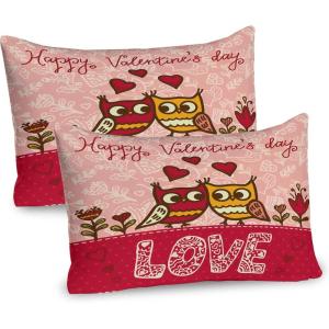 Ambesonne Valentines Day Pillow Sham Set of 2, Owls in Love Print Partners Couples Boho Style Hearts Flowers Dots, Quality Microfiber Bedding Item for All Seasons, 26″ x 20″, Pink Red Yellow(Pink Red Yellow)