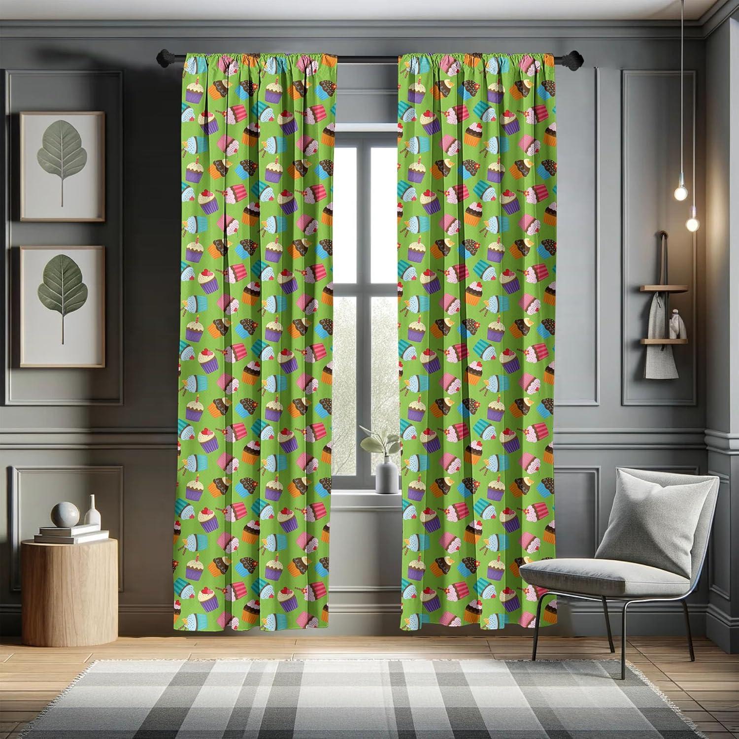 imageAmbesonne Birthday Party Window Curtains Illustration of Creamy Cupcakes with Sprinkles and Candles Lightweight Decor 2Panel Set with Rod Pocket Pair of 28 x 84 Lime Green MulticolorLime Green Multicolor