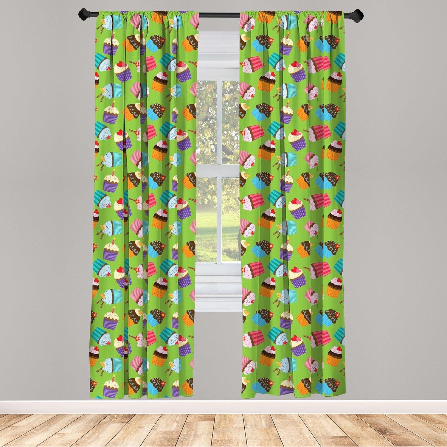 imageAmbesonne Birthday Party Window Curtains Illustration of Creamy Cupcakes with Sprinkles and Candles Lightweight Decor 2Panel Set with Rod Pocket Pair of 28 x 84 Lime Green MulticolorLime Green Multicolor