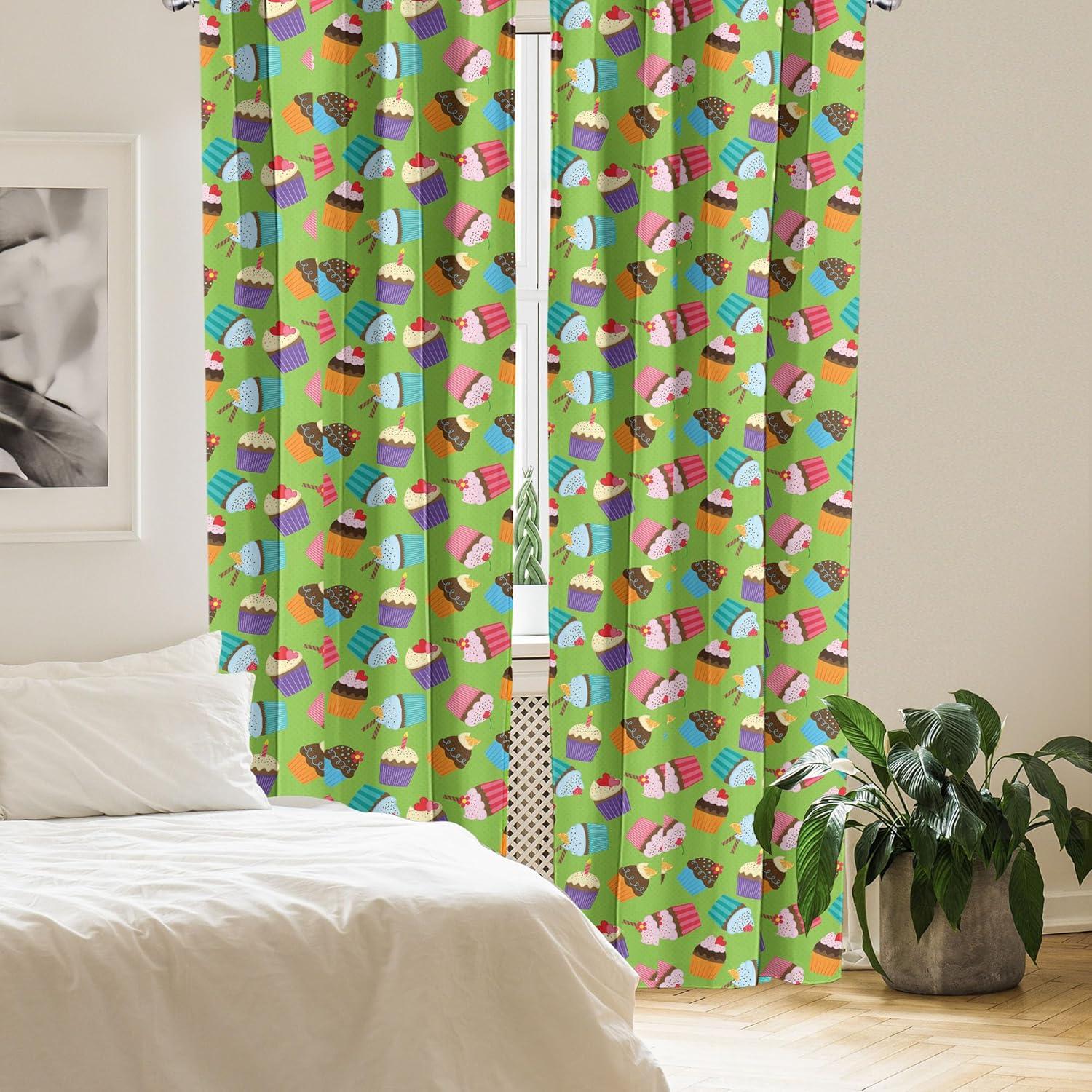 imageAmbesonne Birthday Party Window Curtains Illustration of Creamy Cupcakes with Sprinkles and Candles Lightweight Decor 2Panel Set with Rod Pocket Pair of 28 x 84 Lime Green MulticolorLime Green Multicolor