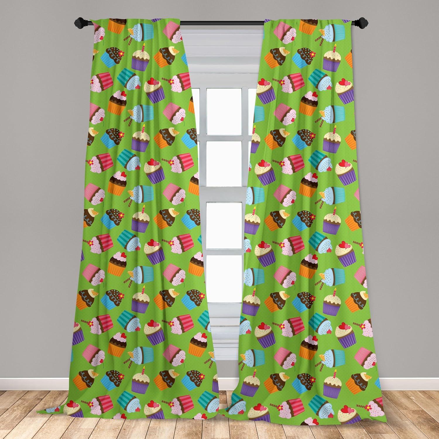imageAmbesonne Birthday Party Window Curtains Illustration of Creamy Cupcakes with Sprinkles and Candles Lightweight Decor 2Panel Set with Rod Pocket Pair of 28 x 84 Lime Green MulticolorLime Green Multicolor