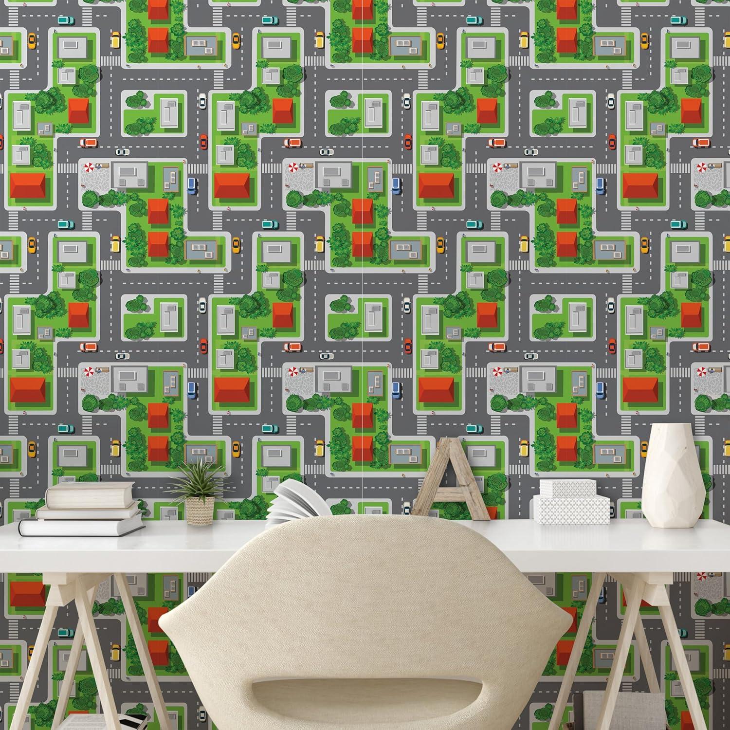 imageAmbesonne City Peel amp Stick Wallpaper Home Birds Eye View Map of The Abstract Town Streets Roads Houses and Cars Cartoon Print SelfAdhesive Living Room Kitchen Accent 13 x 36 Green Grey Orange