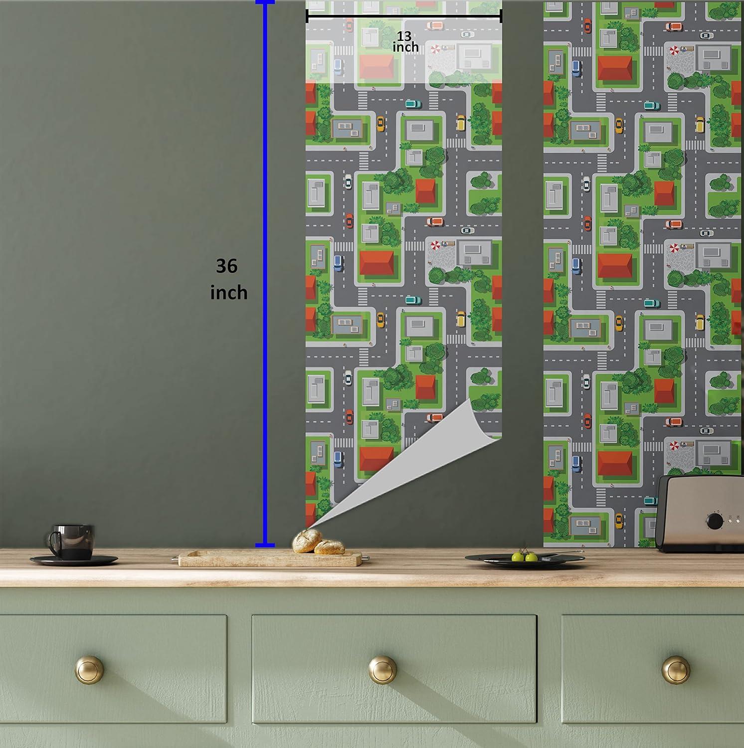 imageAmbesonne City Peel amp Stick Wallpaper Home Birds Eye View Map of The Abstract Town Streets Roads Houses and Cars Cartoon Print SelfAdhesive Living Room Kitchen Accent 13 x 36 Green Grey Orange