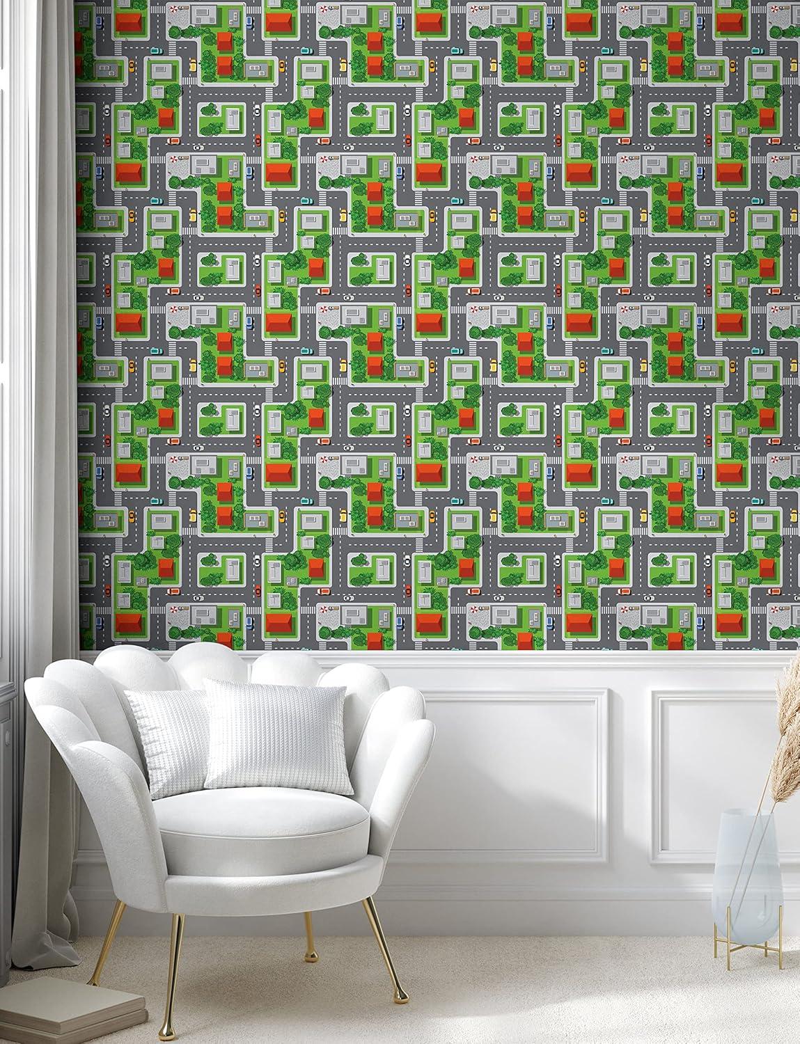 imageAmbesonne City Peel amp Stick Wallpaper Home Birds Eye View Map of The Abstract Town Streets Roads Houses and Cars Cartoon Print SelfAdhesive Living Room Kitchen Accent 13 x 36 Green Grey Orange